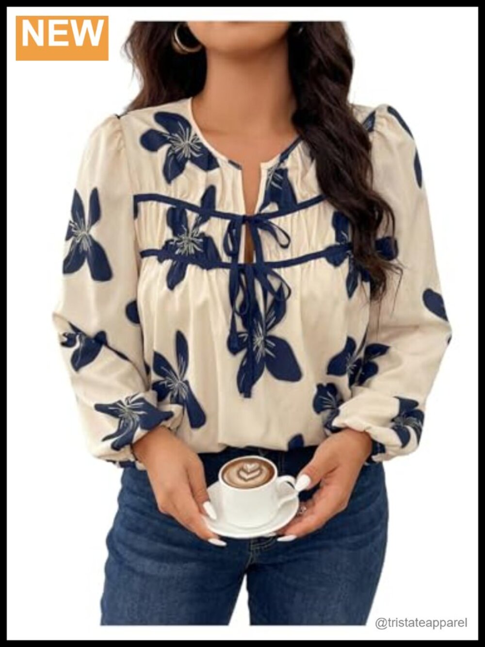 Floral Print Tie Front Puff Long Sleeve Blouse